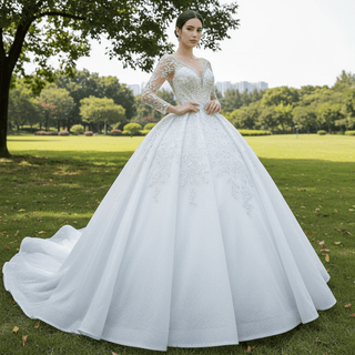 Sparkly Luxury Princess Puffy Wedding Dress with Long Sleeve - Rosymae