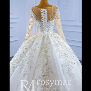 Sparkly Luxury Princess Puffy Wedding Dress with Long Sleeve - Rosymae