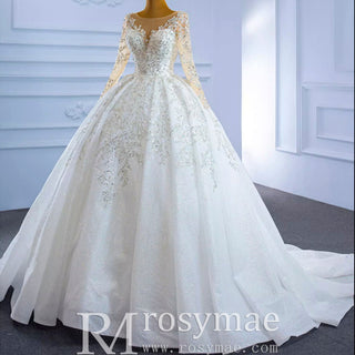 Sparkly Luxury Princess Puffy Wedding Dress with Long Sleeve - Rosymae