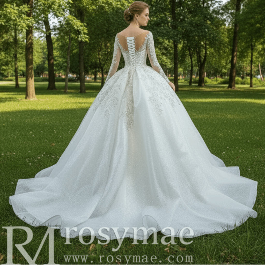 Sparkly Luxury Princess Puffy Wedding Dress with Long Sleeve - Rosymae