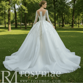 Sparkly Luxury Princess Puffy Wedding Dress with Long Sleeve - Rosymae