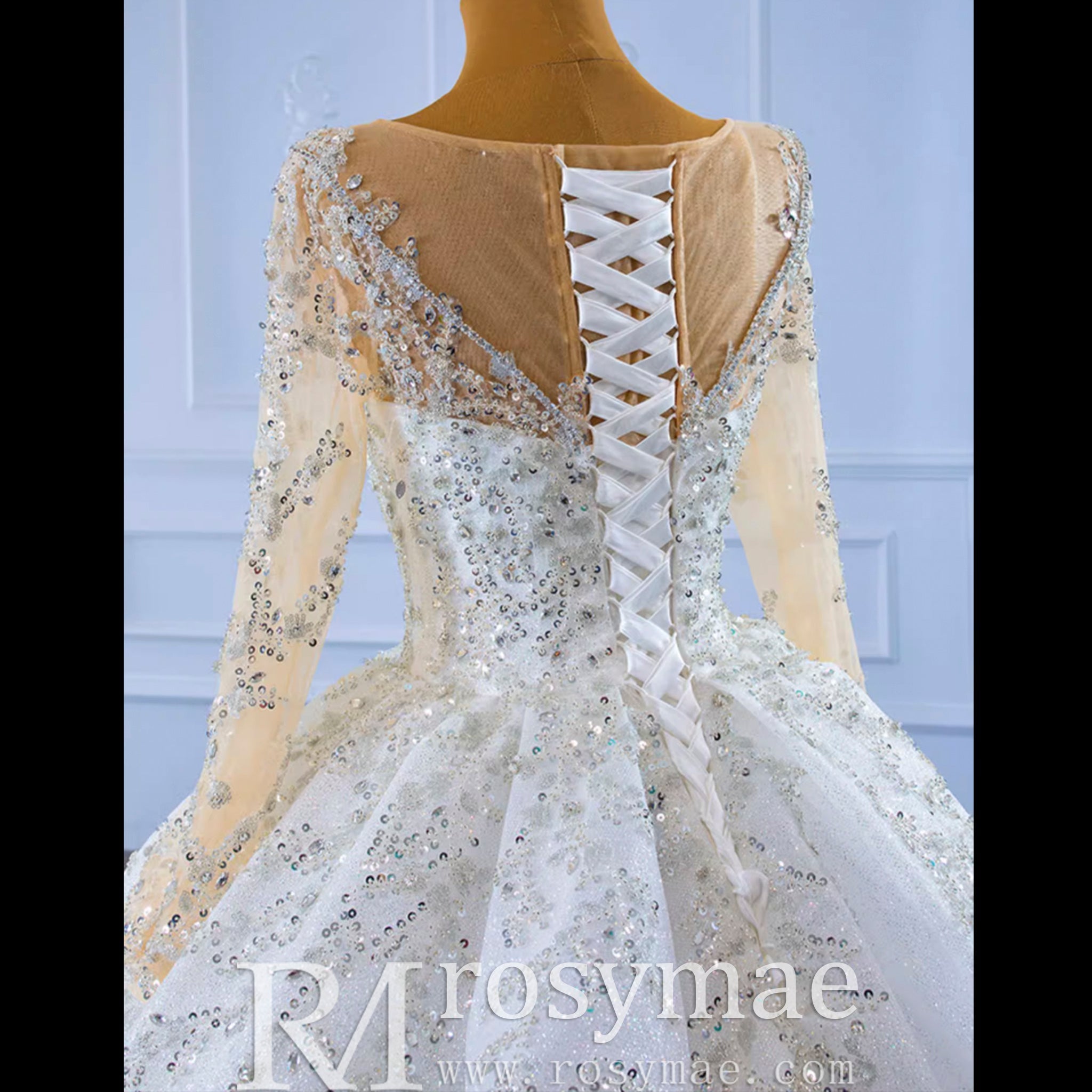 Sparkly Luxury Princess Puffy Wedding Dress with Long Sleeve - Rosymae