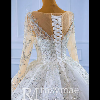 Sparkly Luxury Princess Puffy Wedding Dress with Long Sleeve - Rosymae