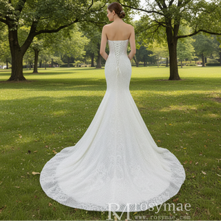 Princess Vneck Trumpet Lace Wedding Dress with Detachable Train