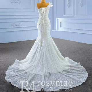 Sparkly Mermaid Sequins Beading Wedding Dress with One Shoulder - Rosymae