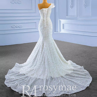 Sparkly Mermaid Sequins Beading Wedding Dress with One Shoulder - Rosymae