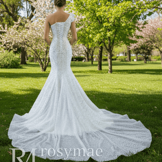 Sparkly Mermaid Sequins Beading Wedding Dress with One Shoulder - Rosymae