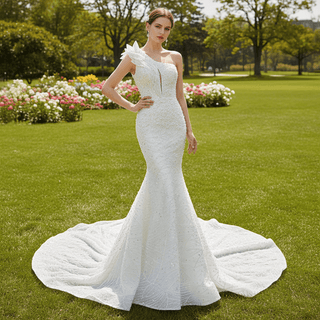 Sparkly Mermaid Sequins Beading Wedding Dress with One Shoulder - Rosymae