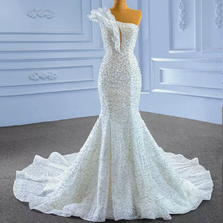 Sparkly Mermaid Sequins Beading Wedding Dress with One Shoulder - Rosymae