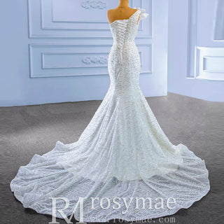 Sparkly Mermaid Sequins Beading Wedding Dress with One Shoulder - Rosymae