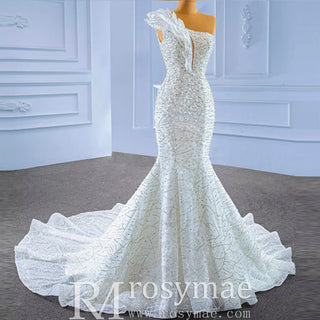 Sparkly Mermaid Sequins Beading Wedding Dress with One Shoulder - Rosymae