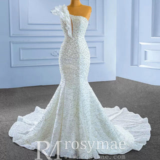 Sparkly Mermaid Sequins Beading Wedding Dress with One Shoulder - Rosymae