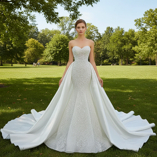 Princess Vneck Trumpet Lace Wedding Dress with Detachable Train