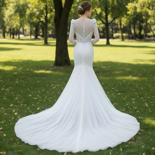 Puffy Long Sleeve Sparkly Crystal Wedding Dress Fit and Flare Skirt