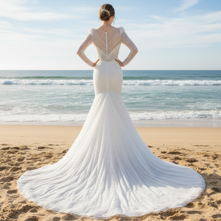 Puffy Long Sleeve Sparkly Crystal Wedding Dress Fit and Flare Skirt