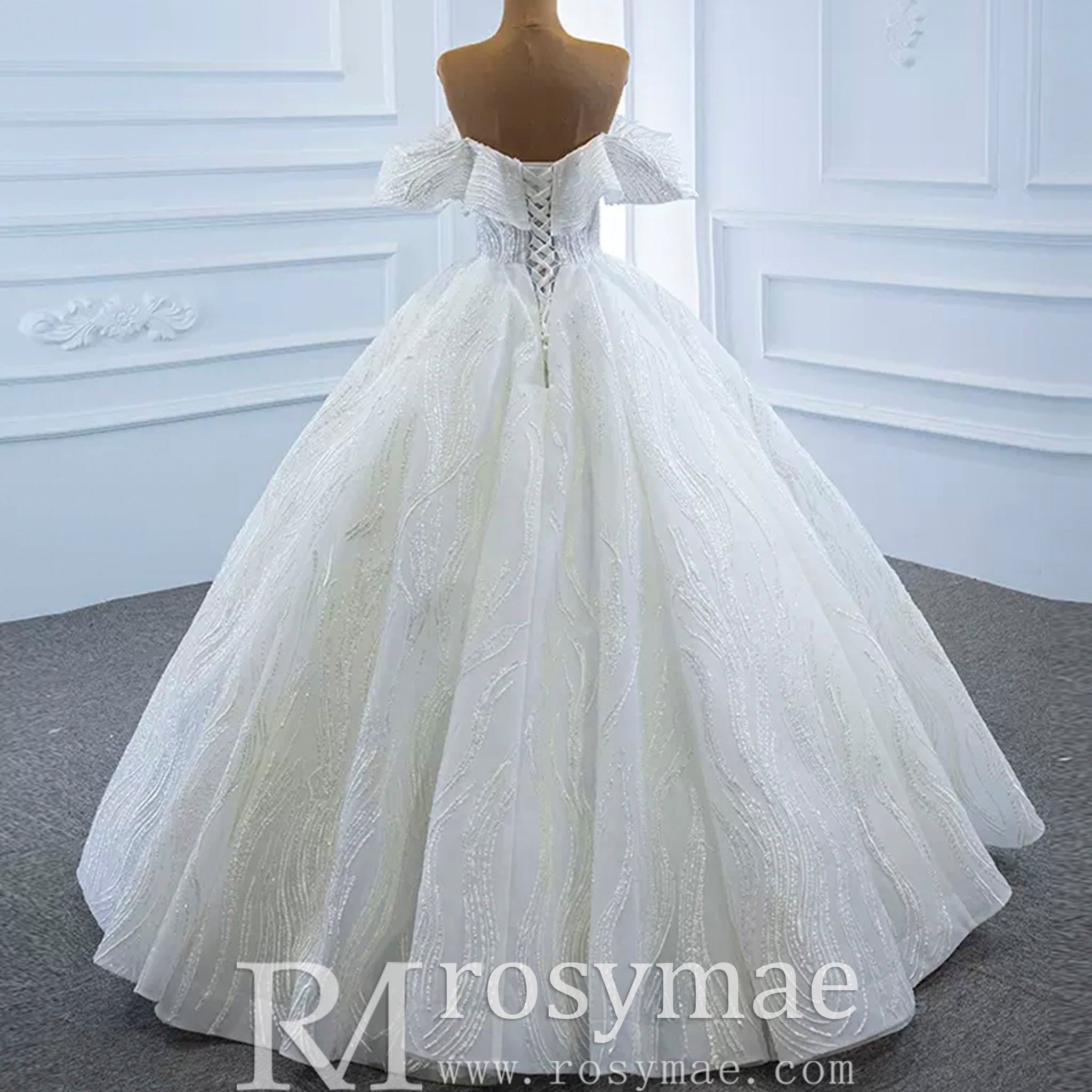 Sparkly Off the Shoulder Ball Gown Puffy Wedding Dress with Sheer Bodice - Rosymae
