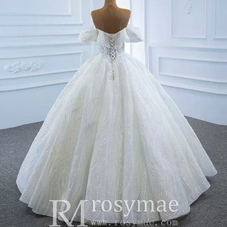Sparkly Off the Shoulder Ball Gown Puffy Wedding Dress with Sheer Bodice - Rosymae