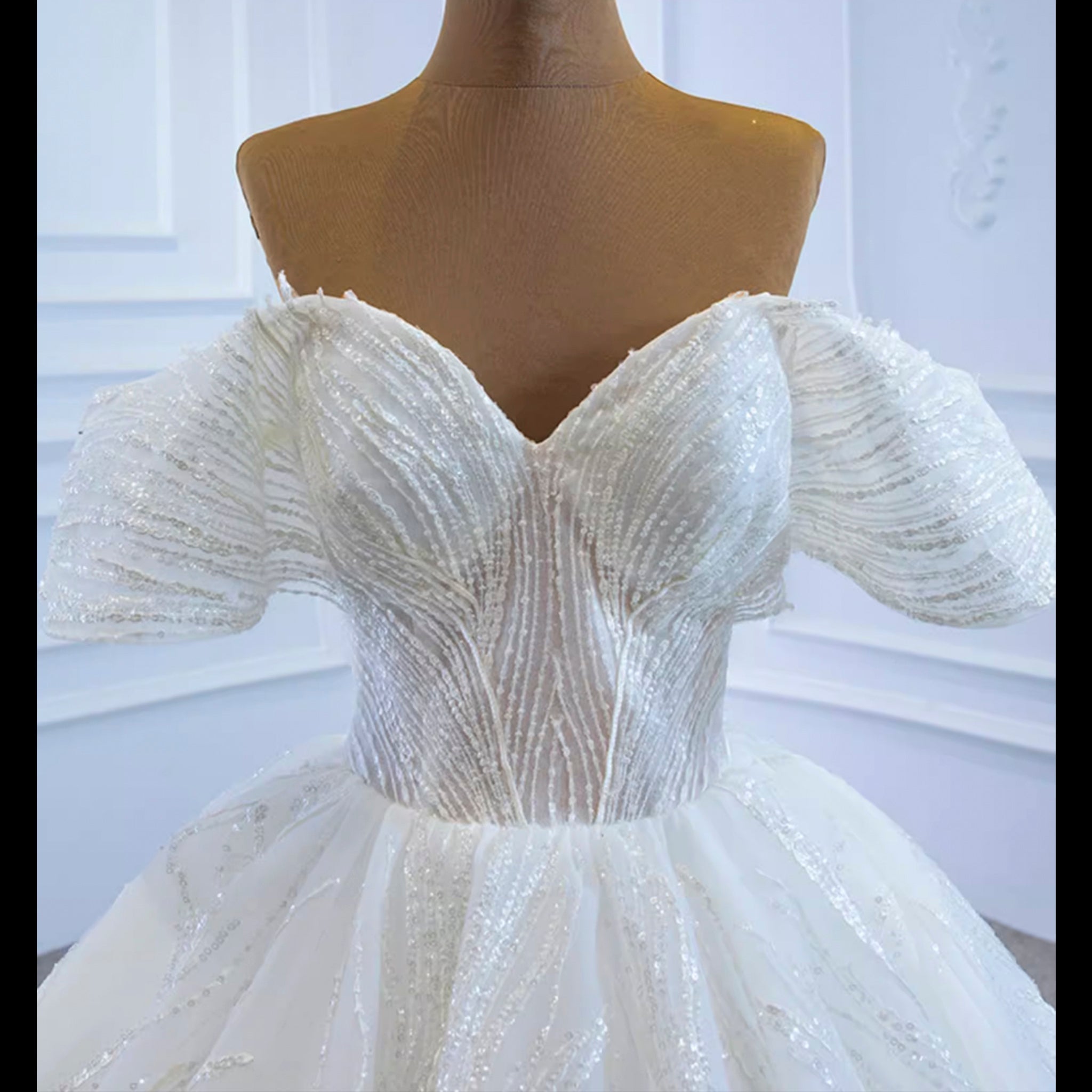 Sparkly Off the Shoulder Ball Gown Puffy Wedding Dress with Sheer Bodice - Rosymae