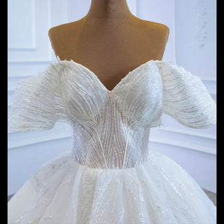 Sparkly Off the Shoulder Ball Gown Puffy Wedding Dress with Sheer Bodice - Rosymae