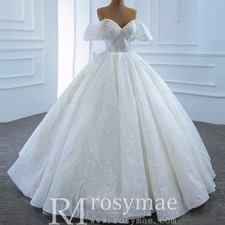 Sparkly Off the Shoulder Ball Gown Puffy Wedding Dress with Sheer Bodice - Rosymae