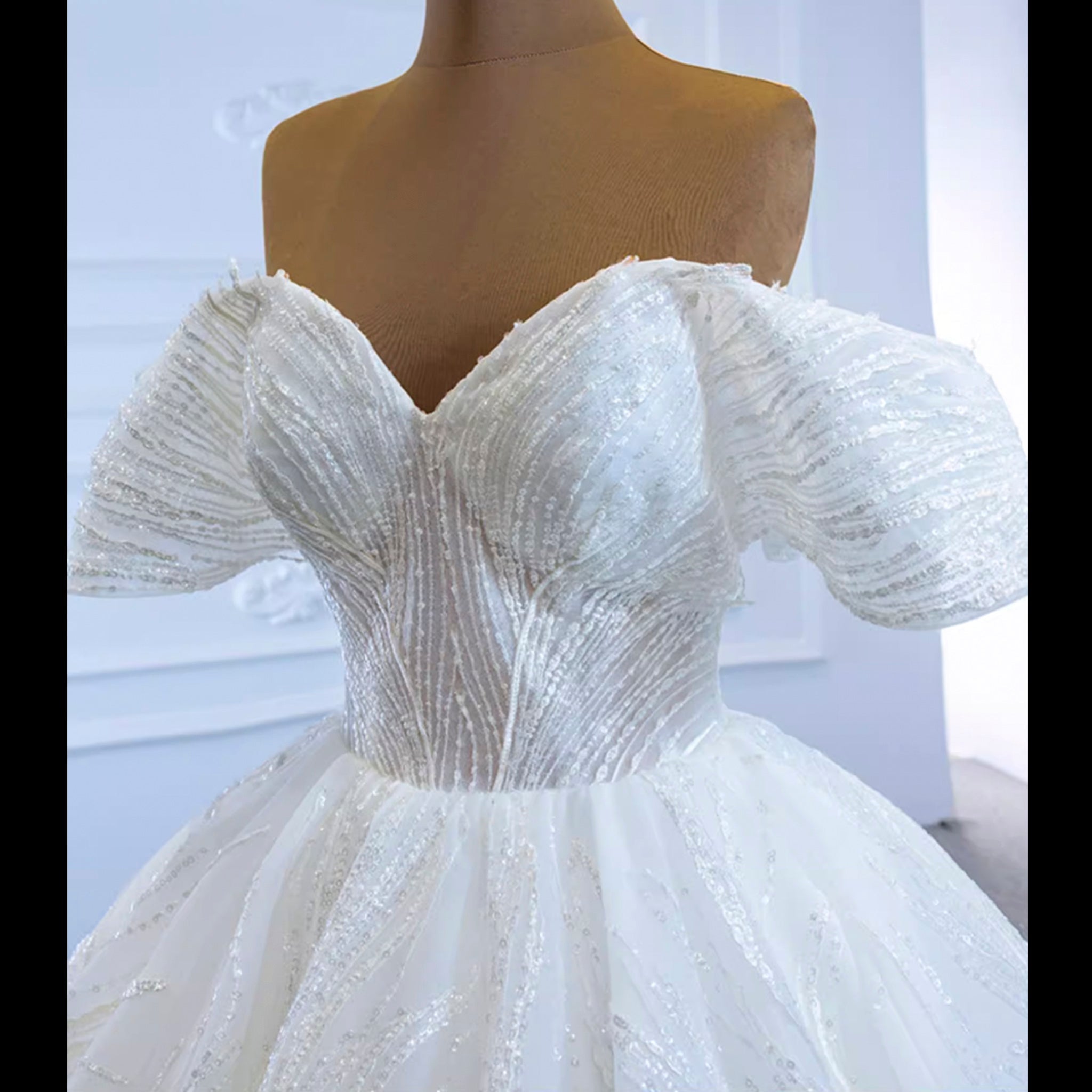 Sparkly Off the Shoulder Ball Gown Puffy Wedding Dress with Sheer Bodice - Rosymae