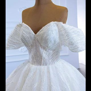 Sparkly Off the Shoulder Ball Gown Puffy Wedding Dress with Sheer Bodice - Rosymae