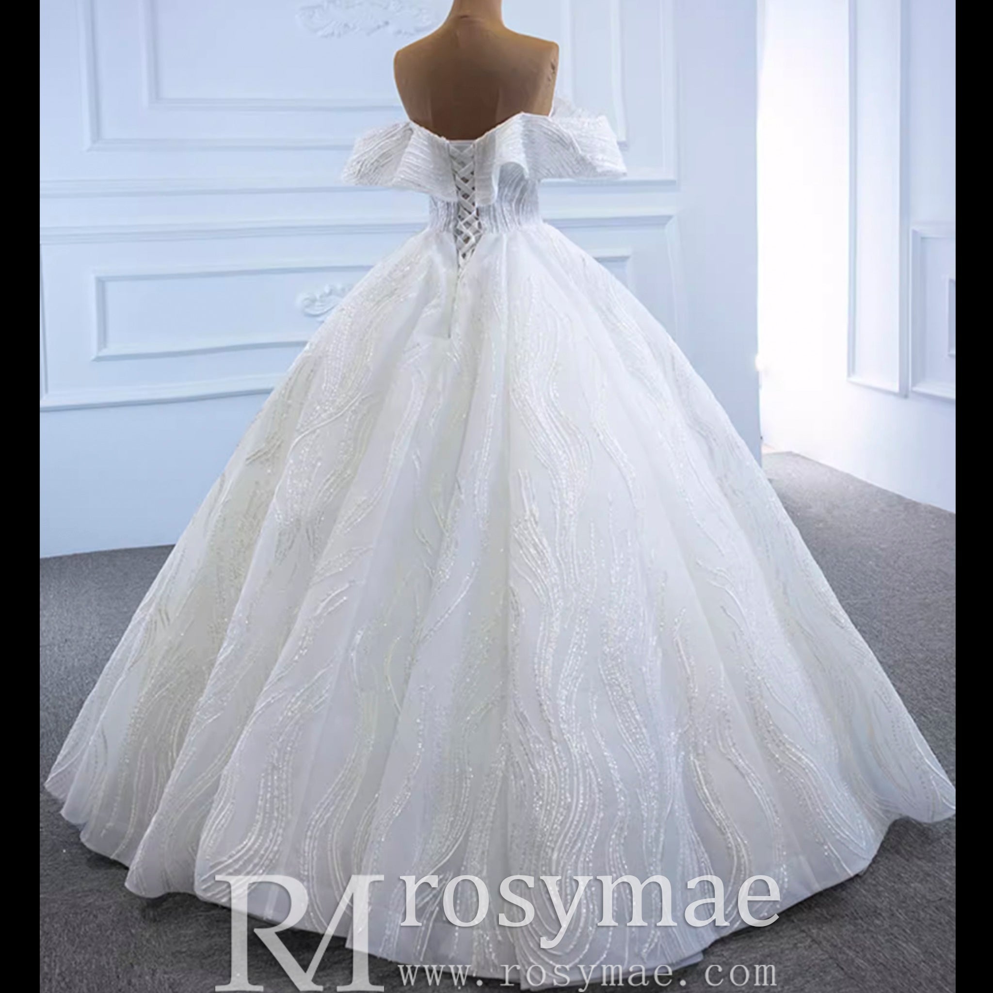 Sparkly Off the Shoulder Ball Gown Puffy Wedding Dress with Sheer Bodice - Rosymae