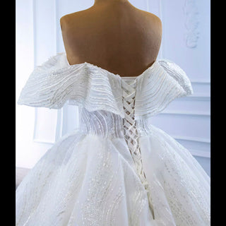 Sparkly Off the Shoulder Ball Gown Puffy Wedding Dress with Sheer Bodice - Rosymae