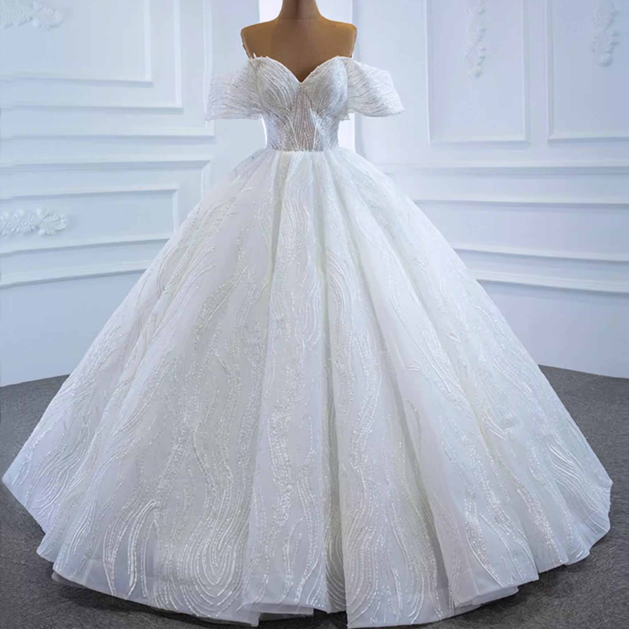 Sparkly Off the Shoulder Ball Gown Puffy Wedding Dress with Sheer Bodice - Rosymae