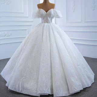 Sparkly Off the Shoulder Ball Gown Puffy Wedding Dress with Sheer Bodice - Rosymae