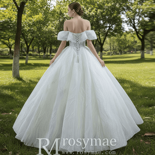 Sparkly Off the Shoulder Ball Gown Puffy Wedding Dress with Sheer Bodice - Rosymae