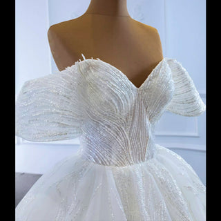 Sparkly Off the Shoulder Ball Gown Puffy Wedding Dress with Sheer Bodice - Rosymae