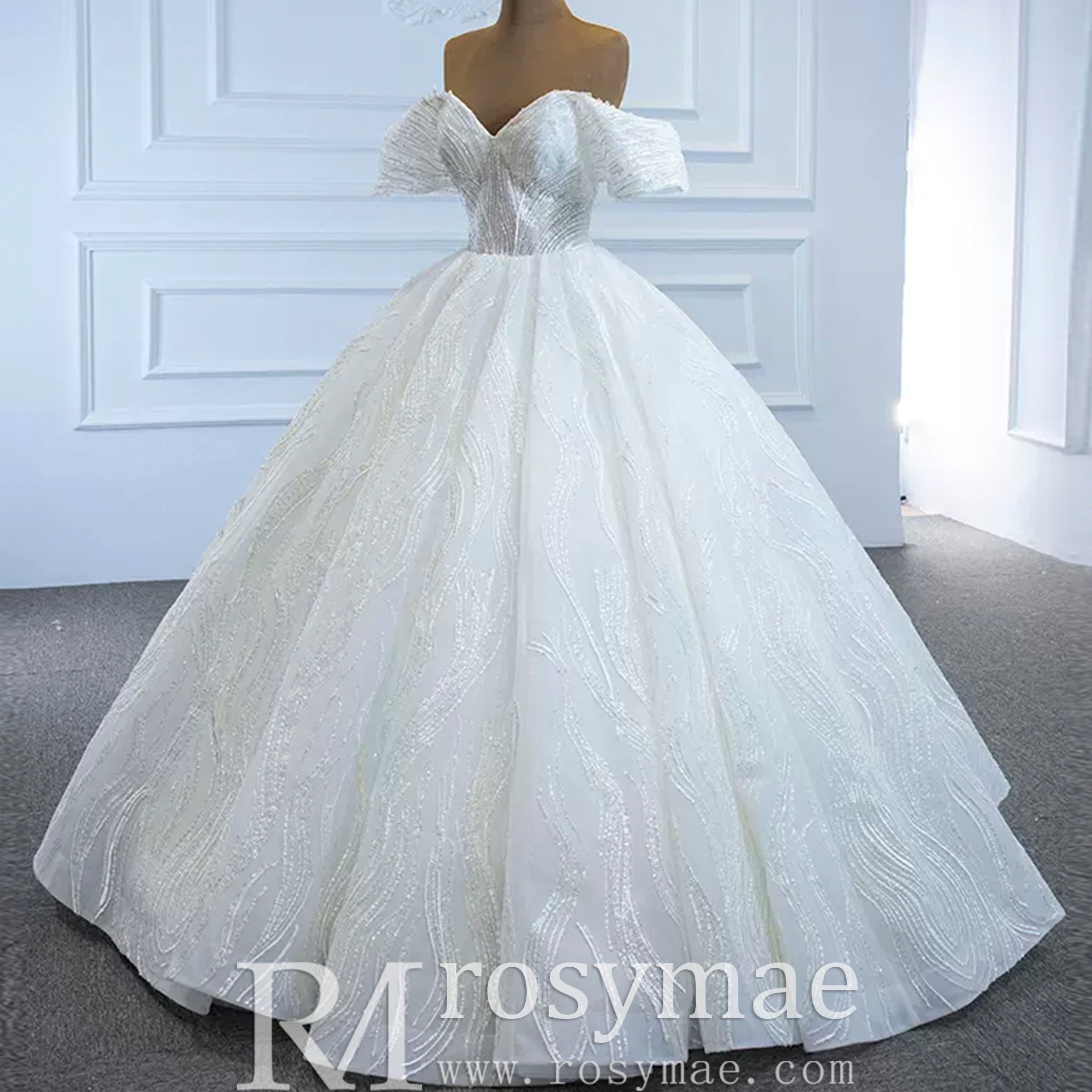 Sparkly Off the Shoulder Ball Gown Puffy Wedding Dress with Sheer Bodice - Rosymae