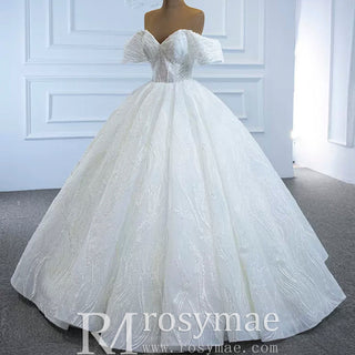 Sparkly Off the Shoulder Ball Gown Puffy Wedding Dress with Sheer Bodice - Rosymae