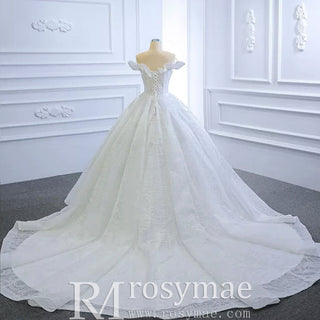 Sparkly Off the Shoulder Ball Gown Wedding Dress with Long Train - Rosymae