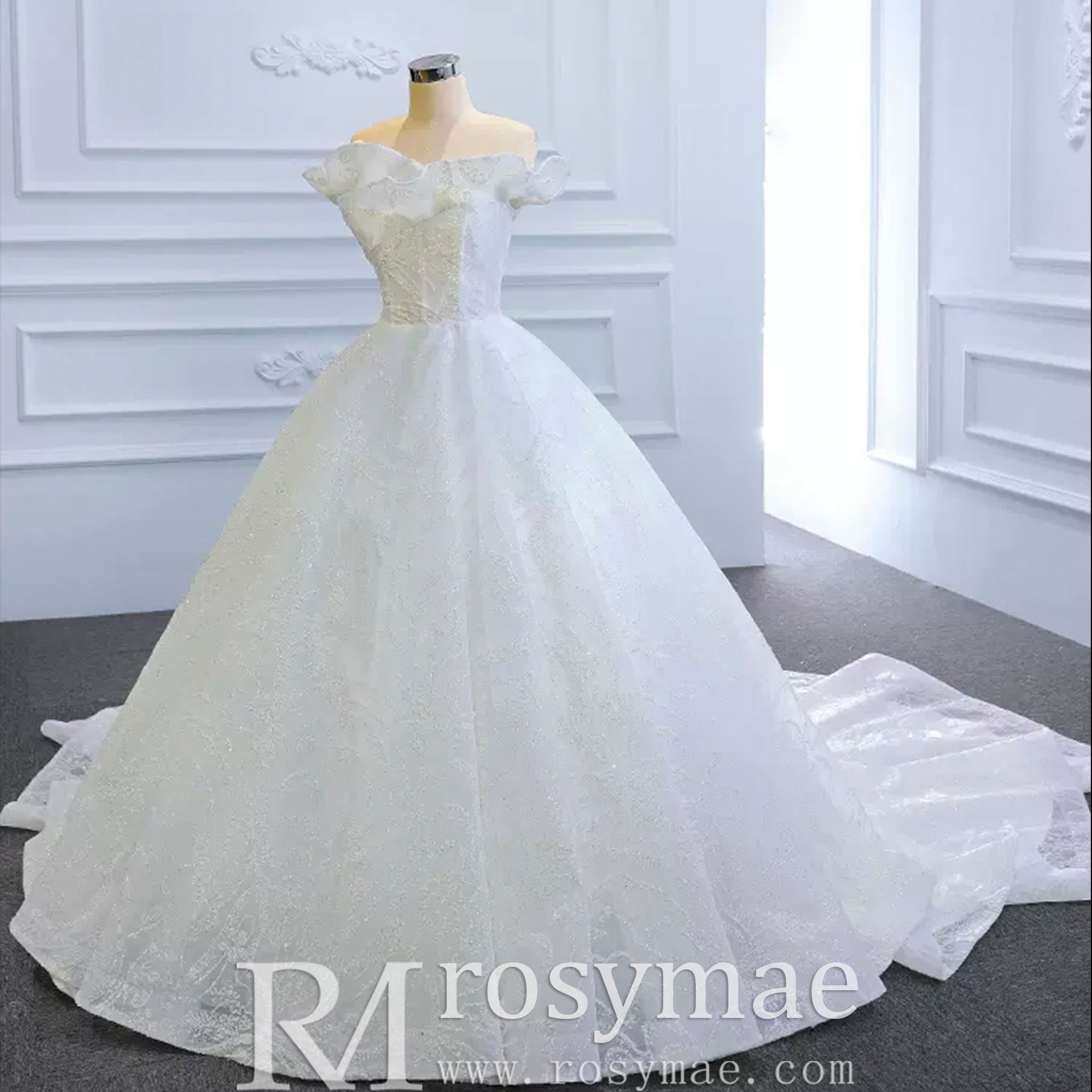 Sparkly Off the Shoulder Ball Gown Wedding Dress with Long Train - Rosymae