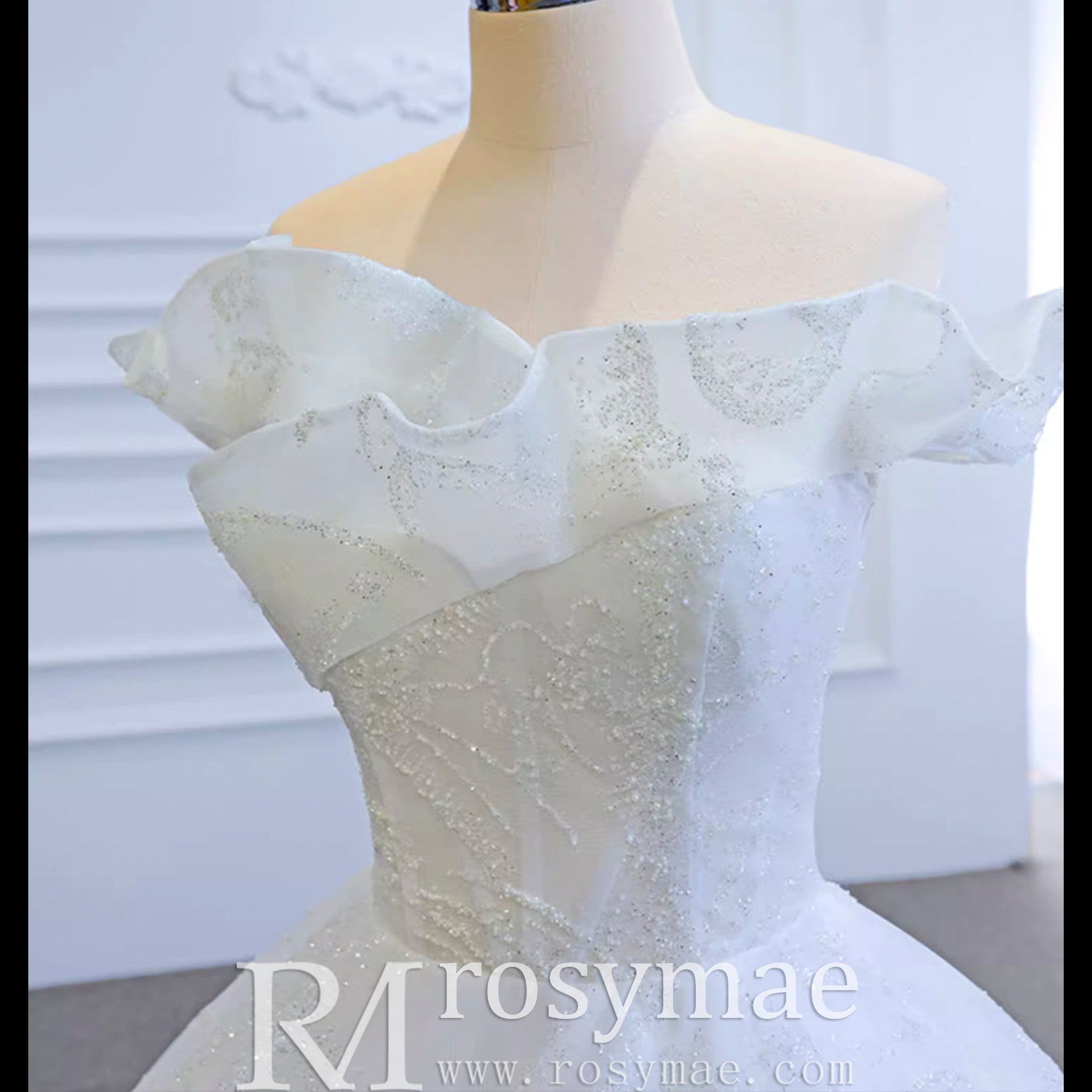 Sparkly Off the Shoulder Ball Gown Wedding Dress with Long Train - Rosymae