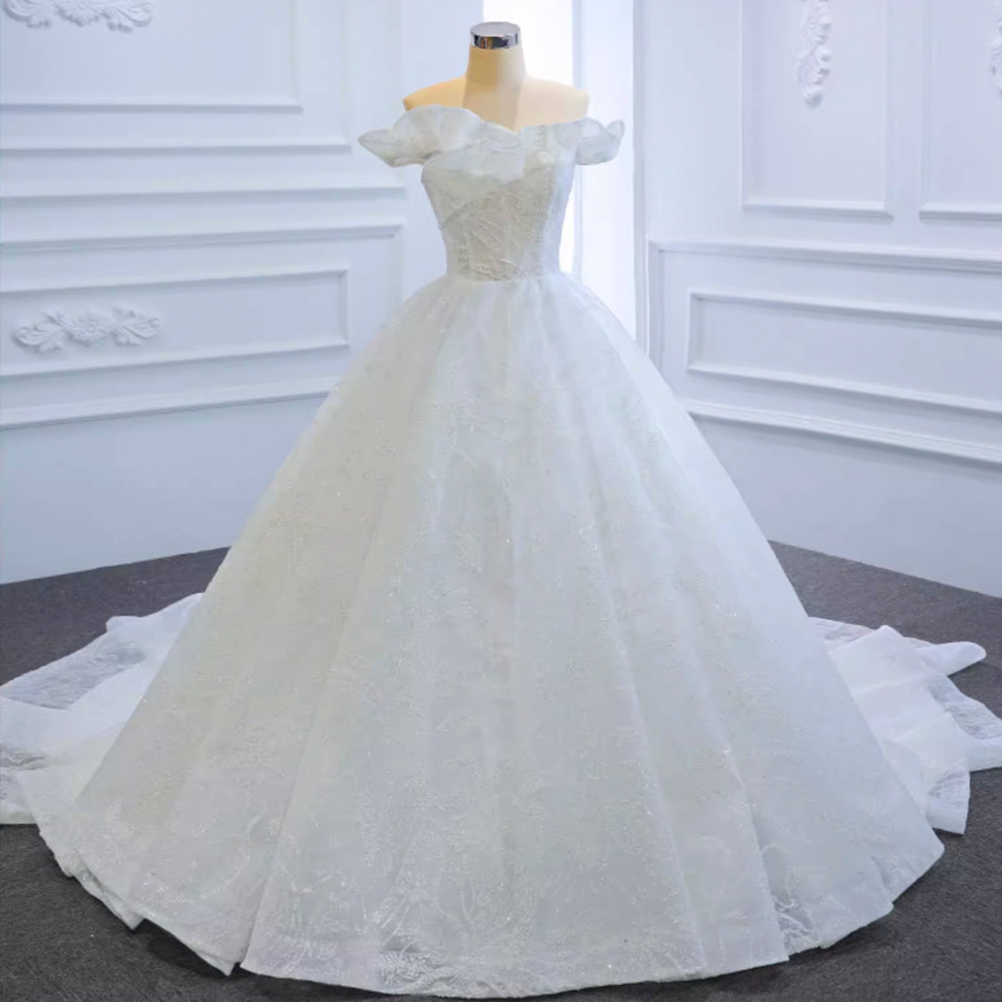 Sparkly Off the Shoulder Ball Gown Wedding Dress with Long Train - Rosymae