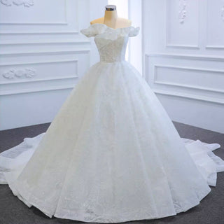 Sparkly Off the Shoulder Ball Gown Wedding Dress with Long Train - Rosymae