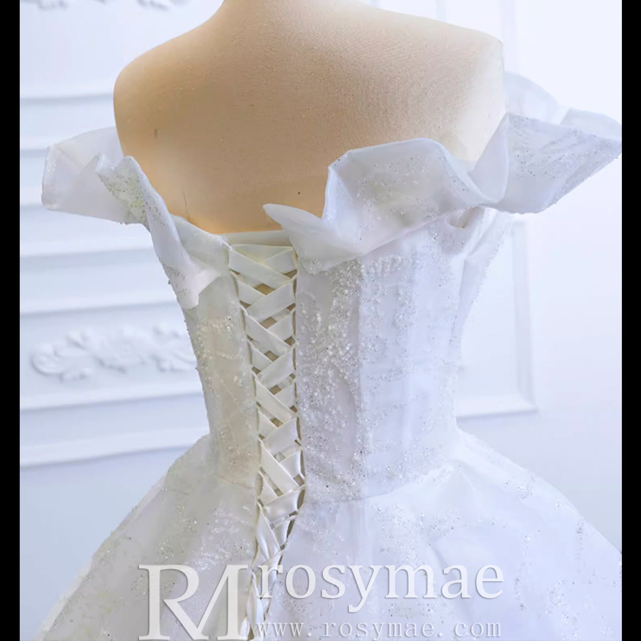 Sparkly Off the Shoulder Ball Gown Wedding Dress with Long Train - Rosymae