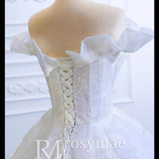 Sparkly Off the Shoulder Ball Gown Wedding Dress with Long Train - Rosymae