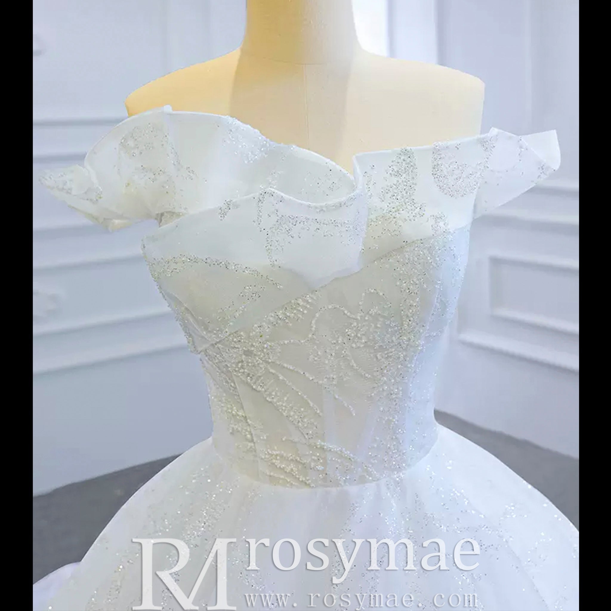 Sparkly Off the Shoulder Ball Gown Wedding Dress with Long Train - Rosymae
