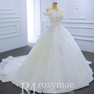 Sparkly Off the Shoulder Ball Gown Wedding Dress with Long Train - Rosymae