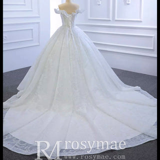 Sparkly Off the Shoulder Ball Gown Wedding Dress with Long Train - Rosymae