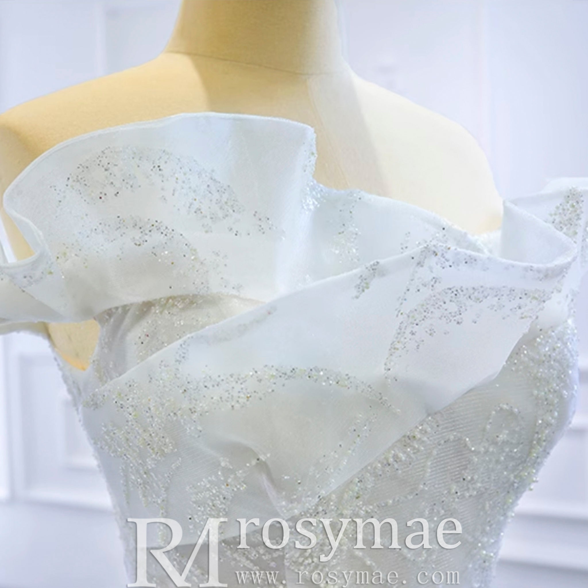 Sparkly Off the Shoulder Ball Gown Wedding Dress with Long Train - Rosymae