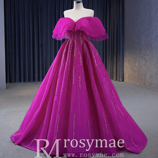 Sparkly Off the Shoulder Evening Dress Puffy Ball Gown Long Prom Dress - Rosymae
