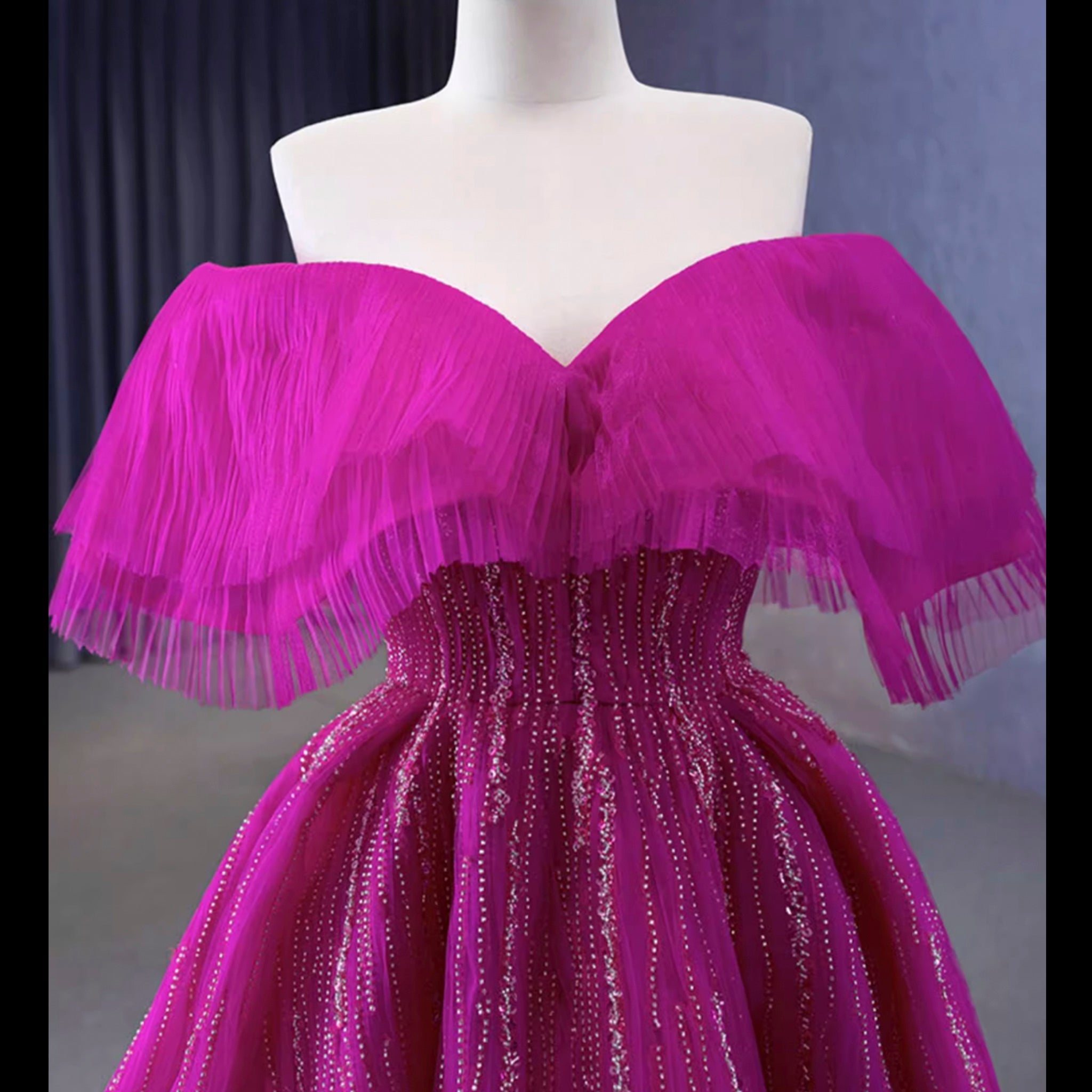 Sparkly Off the Shoulder Evening Dress Puffy Ball Gown Long Prom Dress - Rosymae