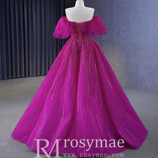 Sparkly Off the Shoulder Evening Dress Puffy Ball Gown Long Prom Dress - Rosymae
