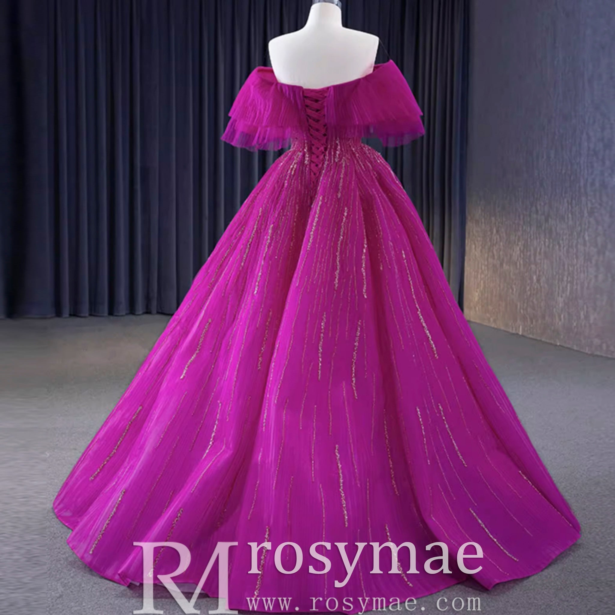 Sparkly Off the Shoulder Evening Dress Puffy Ball Gown Long Prom Dress - Rosymae