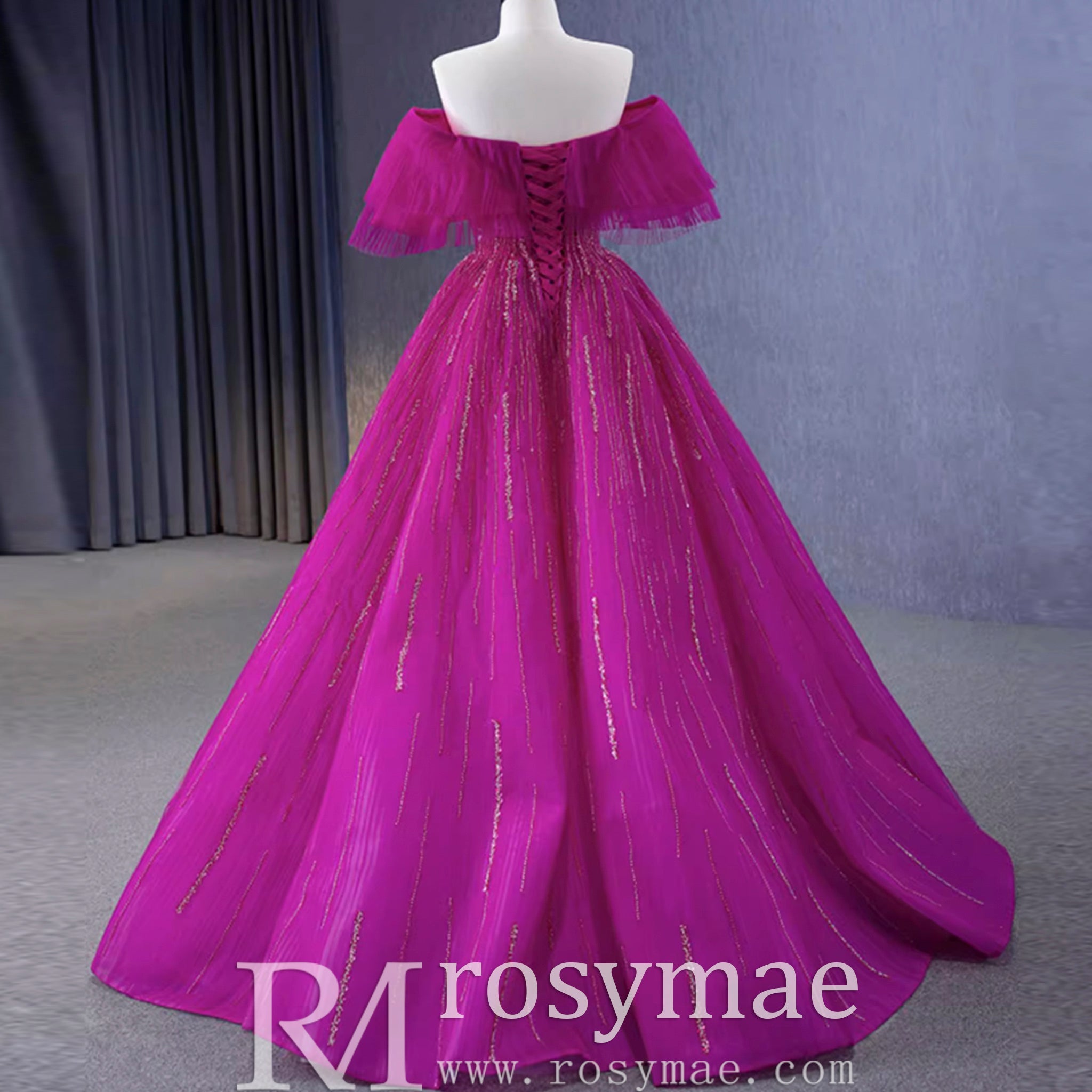 Sparkly Off the Shoulder Evening Dress Puffy Ball Gown Long Prom Dress - Rosymae